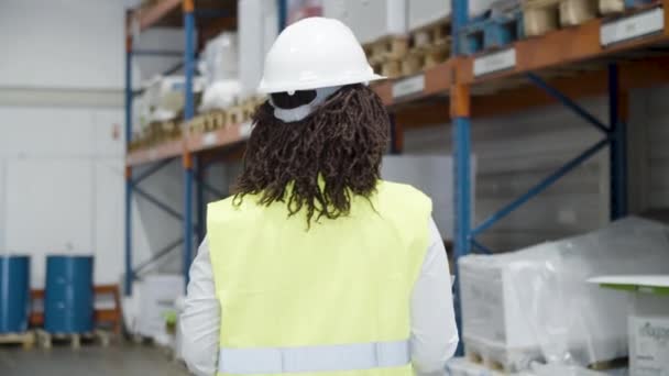 Back view of African American female employee in warehouse. — Αρχείο Βίντεο