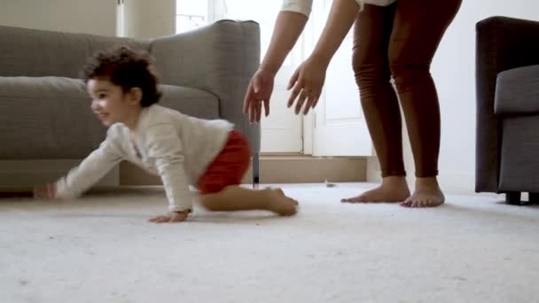 陽気な巻き毛の少年がボールに床を這う. — ストック動画