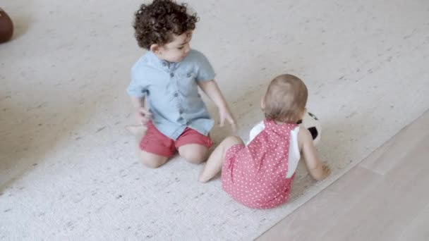 Kleine kinderen kruipen op de vloer voor bal in de woonkamer. — Stockvideo