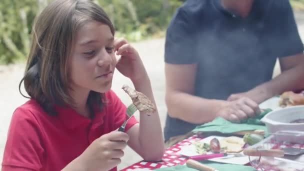 Середній знімок щасливого хлопчика, який їсть барбекю на пікніку — стокове відео