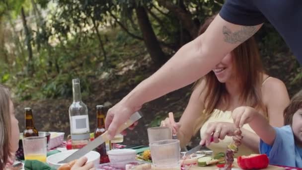 Zeitlupenaufnahme von Familie beim Grillen beim Picknick — Stockvideo