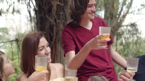 Zeitlupe einer glücklichen kaukasischen Familie, die beim Picknick Gläser klirrt — Stockvideo