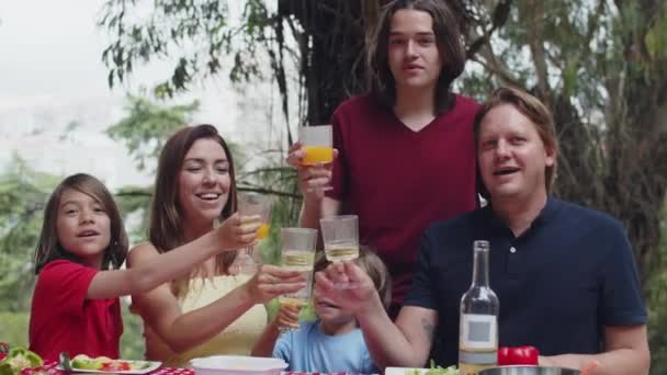 Grande família caucasiana sentado à mesa e óculos clinking — Vídeo de Stock