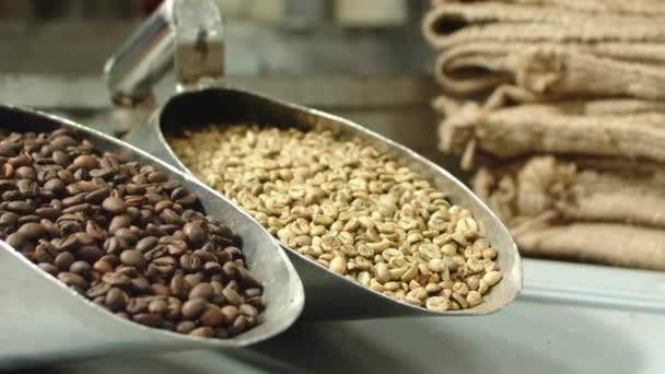Scoops of roasted and unroasted coffee beans — Stock Video