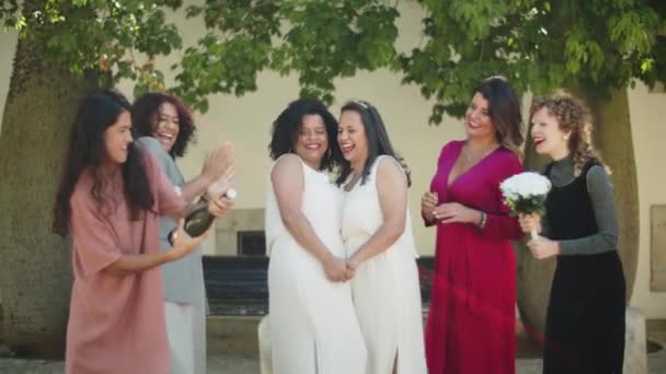 Dama de honor haciendo estallar champán en la boda lesbiana — Vídeo de stock