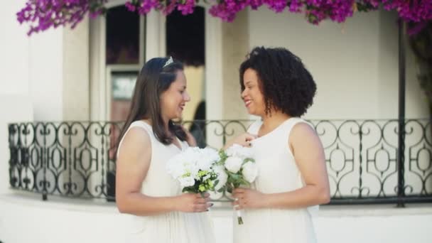 Toma de mano de pareja lesbiana besándose antes de la ceremonia de boda — Vídeo de stock