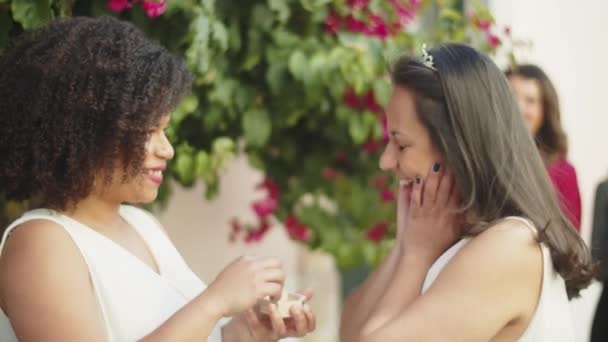 Lesbisches Paar legt sich bei Hochzeit Ringe an den Finger — Stockvideo