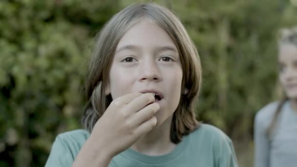 Mouvement Lent Garçon Qui Met Baie Dans Bouche Mâche Gros — Video