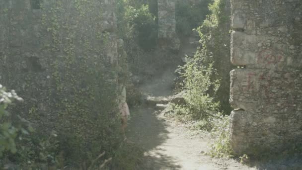 Largo tiro de adolescentes caminando entre paredes de piedra del castillo — Vídeo de stock
