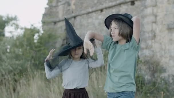 Vista lateral de menino e menina conjurando em chapéus de bruxa na natureza — Vídeo de Stock