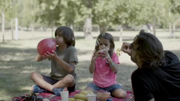 Family having picnic in public park on summer day — Stock Video