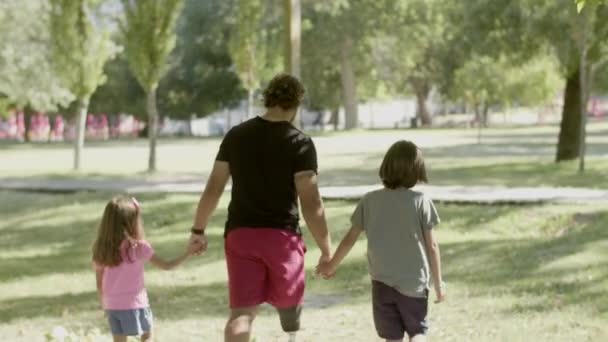 Vue arrière de papa avec jambe artificielle marchant avec les enfants dans le parc — Video