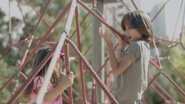 Toma de mano de hermana y hermano escalando la atracción de la cuerda — Vídeos de Stock