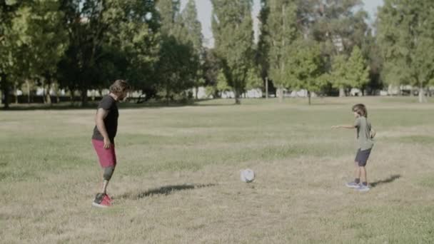 Μεγάλη πιθανότητα ο ανάπηρος πατέρας να παίζει μπάλα με το γιο του στο γρασίδι. — Αρχείο Βίντεο