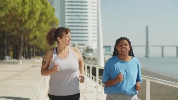 夏の日に公園で実行されている脂肪幸せな女性のフロントビュー — ストック動画