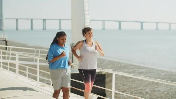 堤防に沿ってジョギング幸せな女性の長いショット — ストック動画