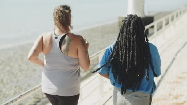 Vista trasera de amigos multiétnicos corriendo junto al agua — Vídeos de Stock