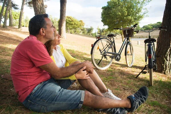 Yetişkin bir çiftin parkta dinlenmesini düşünüyorum.