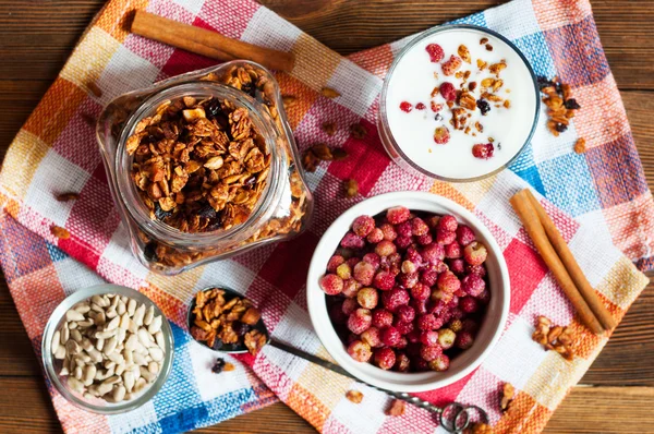 Yaban çilekleri ve yoğurt ile ev yapımı granola — Stok fotoğraf