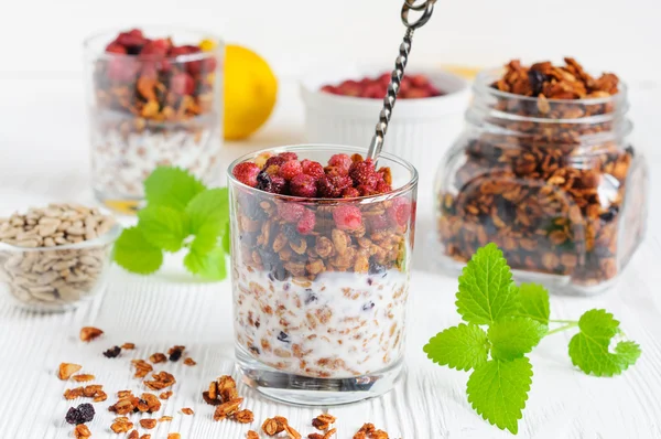 Segelas yogurt dengan granola dan berry — Stok Foto
