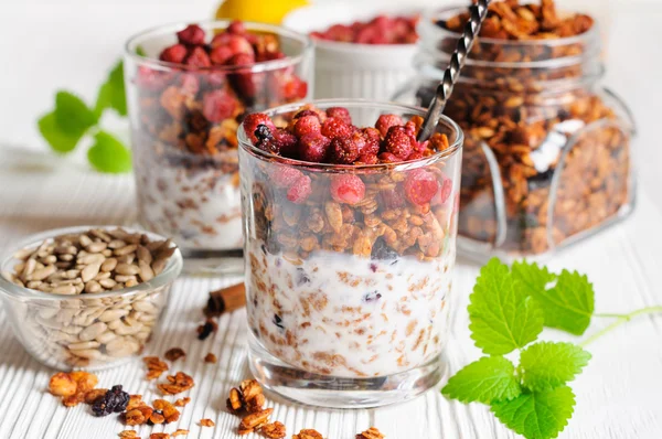 Yogurt dengan granola dan berry dalam gelas — Stok Foto