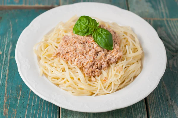 Un plato de espaguetis con salsa de tomate cremosa — Foto de Stock
