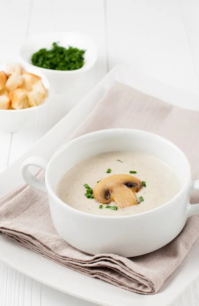 Zuppa di funghi in una ciotola bianca e crostini — Foto Stock