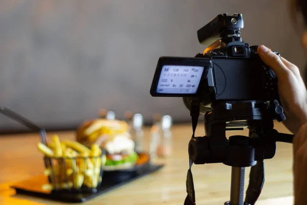 professional fast food restaurant camera focusing on food