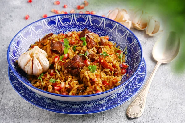 Pilaf Ingrediente Placa Închidere Pilaf Național Uzbec Carne — Fotografie, imagine de stoc