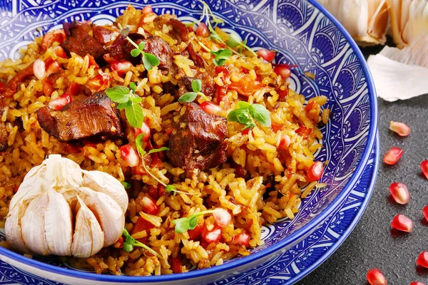 Pilaf Ingrediente Farfurie Pilaf Național Uzbec Carne — Fotografie, imagine de stoc