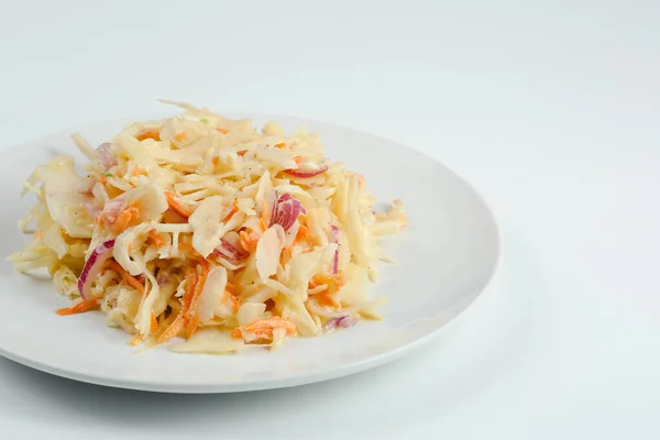 Vitamin Salad Carrot Cabbage Closeup White Plate Fresh Salad Sour — Stock Photo, Image