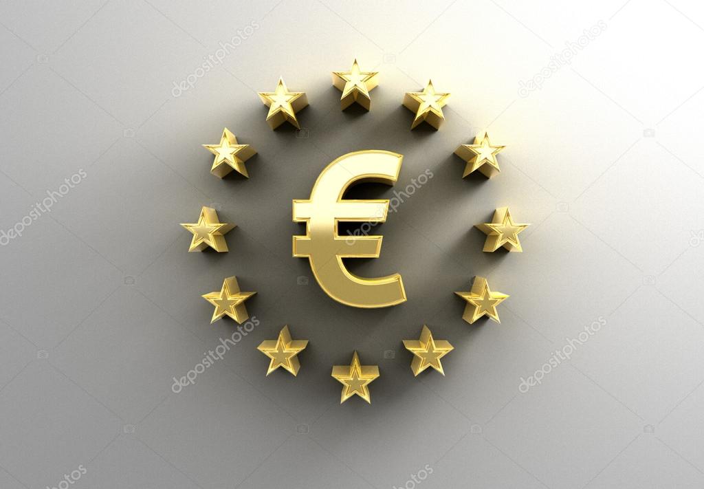 Euro sign with stars - gold 3D quality render on the wall backgr