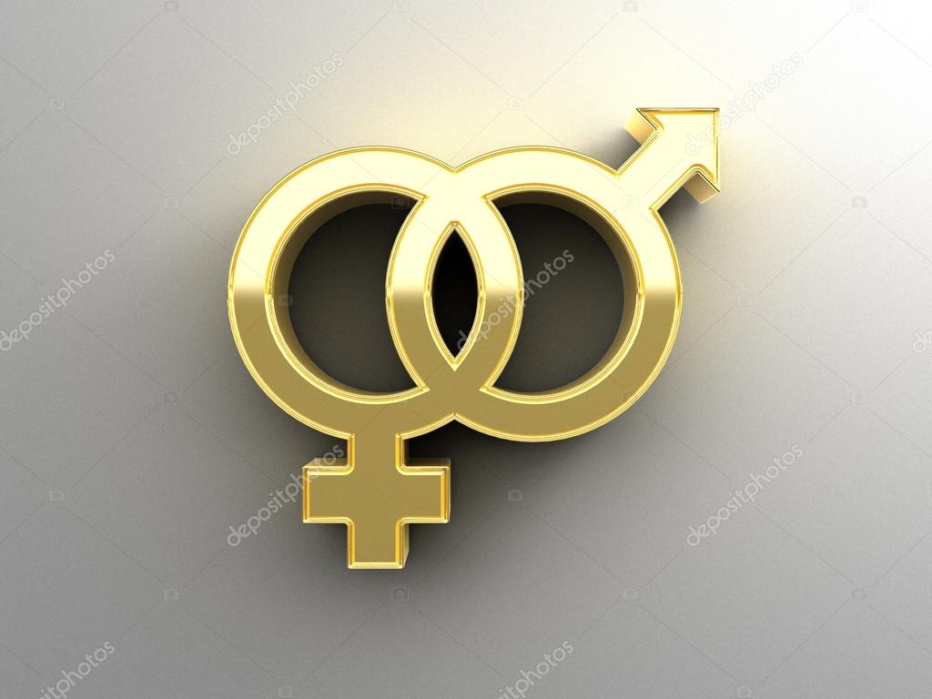 Male and female sex signs - gold 3D quality render on the wall b
