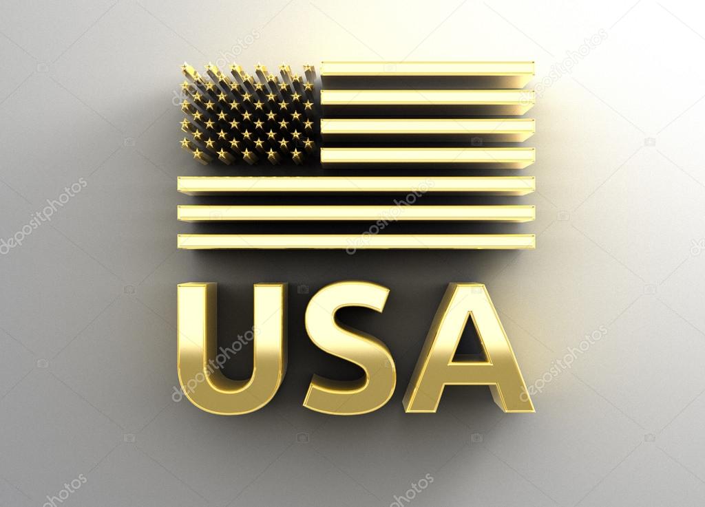 USA flag - gold 3D quality render on the wall background with so