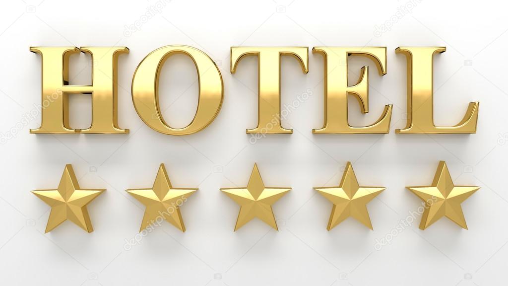 Hotel with stars - gold 3D render on the wall background with so