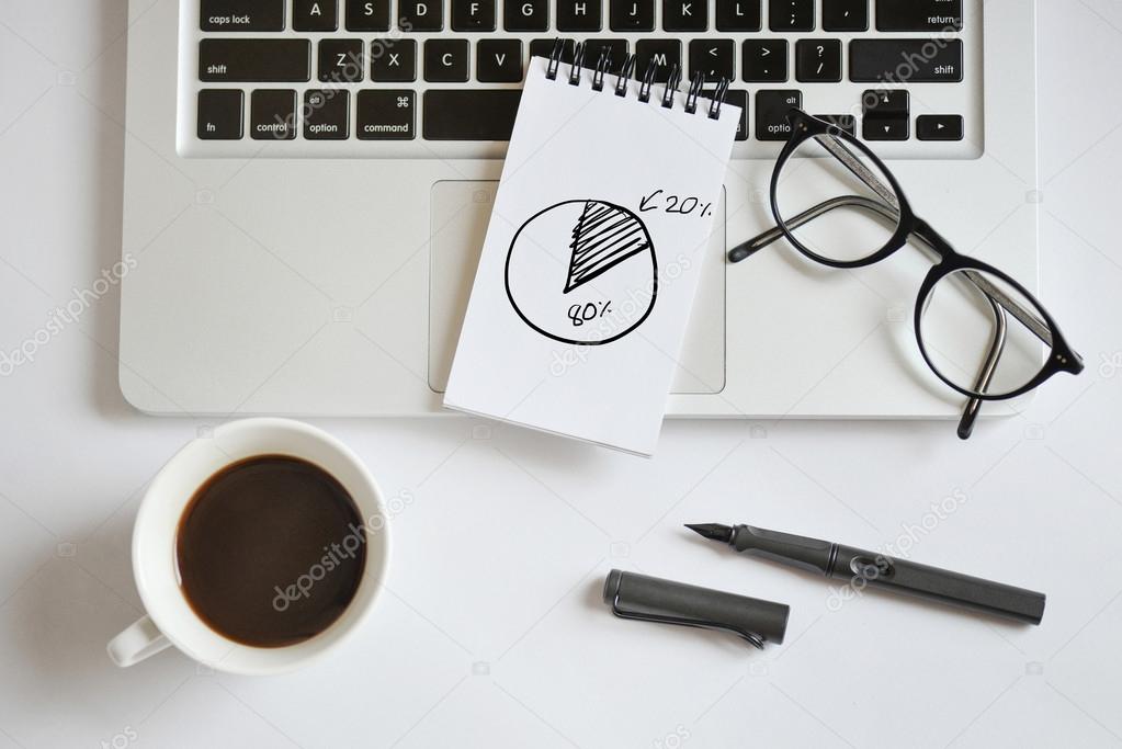 Coffee cup, spiral notebook with Pareto pie chart, computer keyb
