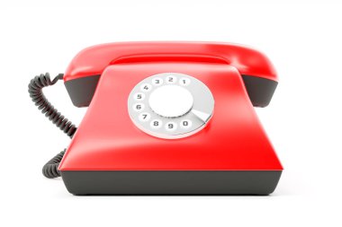Beyaz izole edilmiş arka planda kırmızı, eski moda sabit telefon, 3D görüntüleme