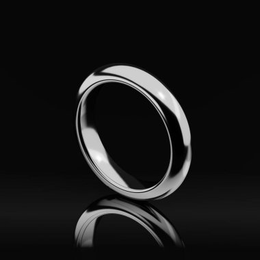 Düğün dekoratif gümüş yüzük ya da siyah arka planda beyaz altın yansıma, aşk işareti, reklam malzemesi, 3D görüntüleme
