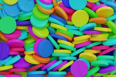 Çok renkli haplar tüm ekranı doldurdu, hastalığın tedavisi için ilaçlar, tıp konsepti, 3 boyutlu görüntüleme