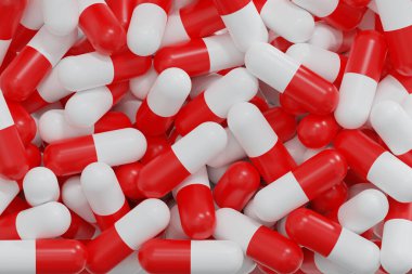 Beyaz-kırmızı kapsüller tüm ekranı doldurdu, hastalığın tedavisi için ilaçlar, tıp konsepti, 3D görüntüleme