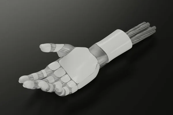 金属の腱を持つサイバネティックホワイトアームは暗い表面にあります ロボットの手足をオフにします 切断された手の近代的な技術の義肢 3Dレンダリング — ストック写真