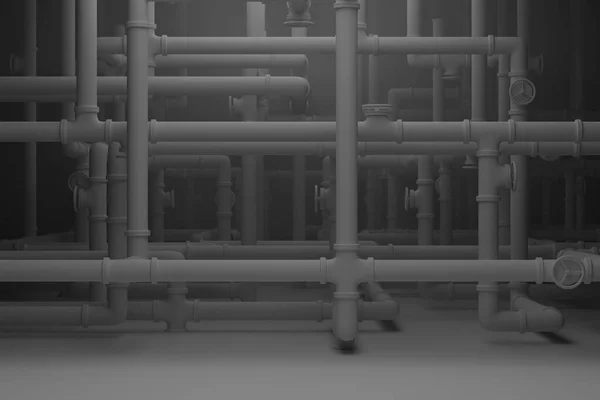 White Pipes Dark Room Dark Large Basement Piping Rendering — Stock Photo, Image