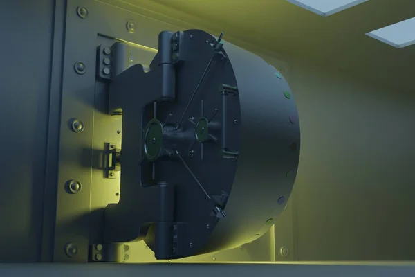 Large steel bank vault door security door lock mechanism, 3D rendering