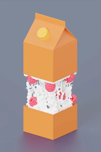 Vloeibare Melk Met Frambozen Het Midden Van Gesneden Verpakking Product — Stockfoto