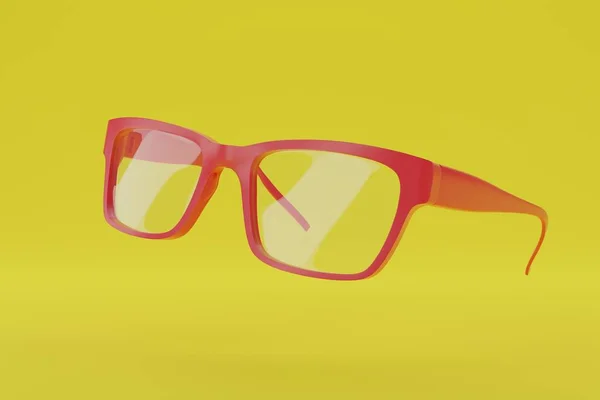 Gafas Transparentes Clásicas Rojas Sobre Fondo Amarillo Representación —  Fotos de Stock