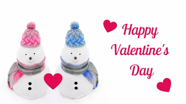 Snowmen Wearing Winter Hats Scarves Holding Heart White Isolated Background — Stock Photo, Image