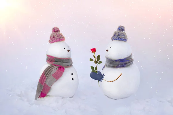 Sneeuwpoppen in liefde dragen wintermutsen, sjaals op een witte achtergrond in roze en blauwe kleuren. Jongen geeft een roos bloem aan meisje. Valentijnsdag, liefdesconcept. 14 februari:. — Stockfoto