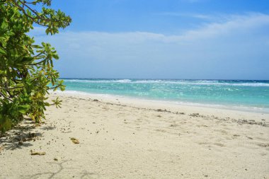 Tropikal bir adada kumsal. Güneşli bir günde okyanus ve gökyüzünün olduğu güzel bir manzara. Cennete git. Tatil, yaz konsepti,
