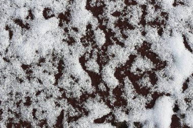 İlk kardan beyaz arka plan. Zemin ve karın yakın çekim dokusu