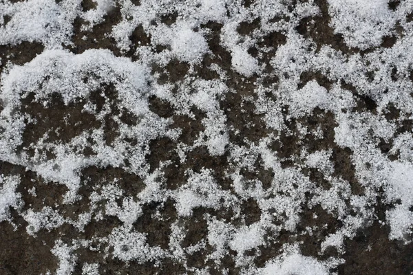 Textur Des Ersten Schnees Auf Dem Asphalt Nahaufnahme — Stockfoto